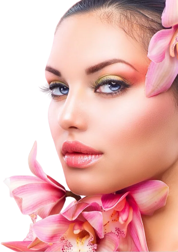 Detail tváre s výrazným líčením, dlhými mihalnicami a orchideami